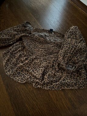 American Eagle Leopard Print Smocked Off-Shoulder Top